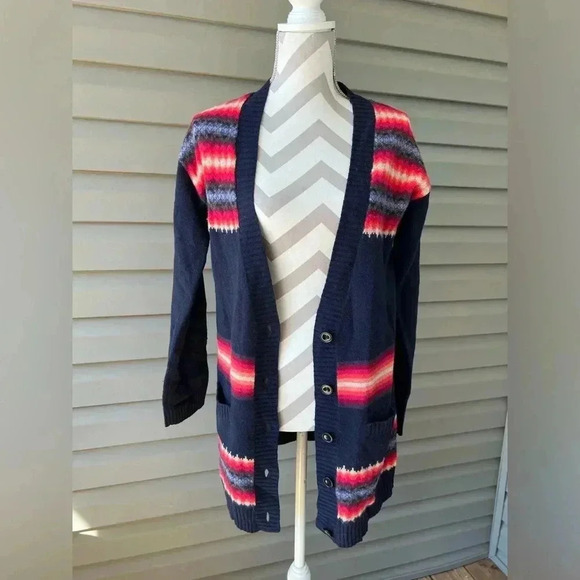 Gap Wool Blend Cardigan Sweater Women’s Long Sleeve Button Down Blue Aztec Sz M - Picture 2 of 13